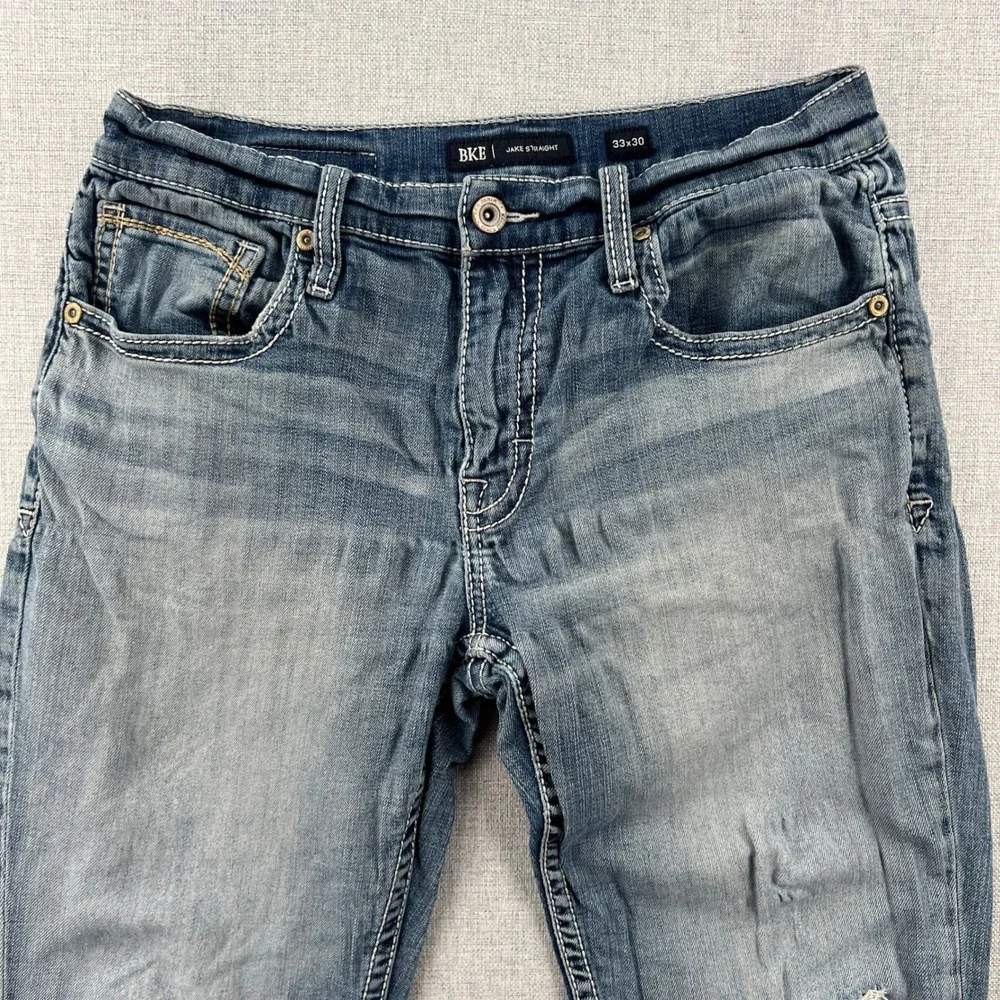 BKE Jake Straight Mens Jeans 33x30 (fit 32x29) Blue Medium Wash Distressed Y2K